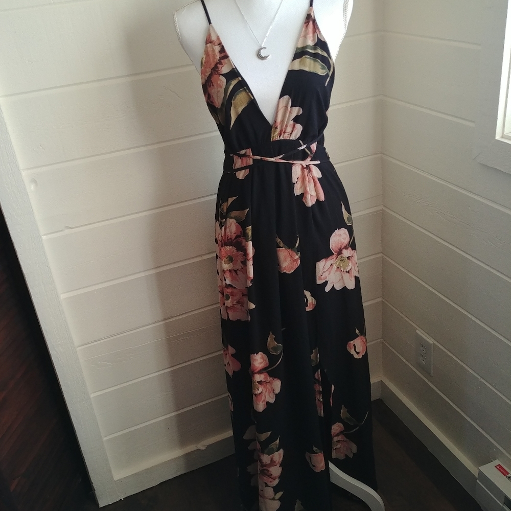 Strappy Backless High Slit Floral Maxi Dress Small